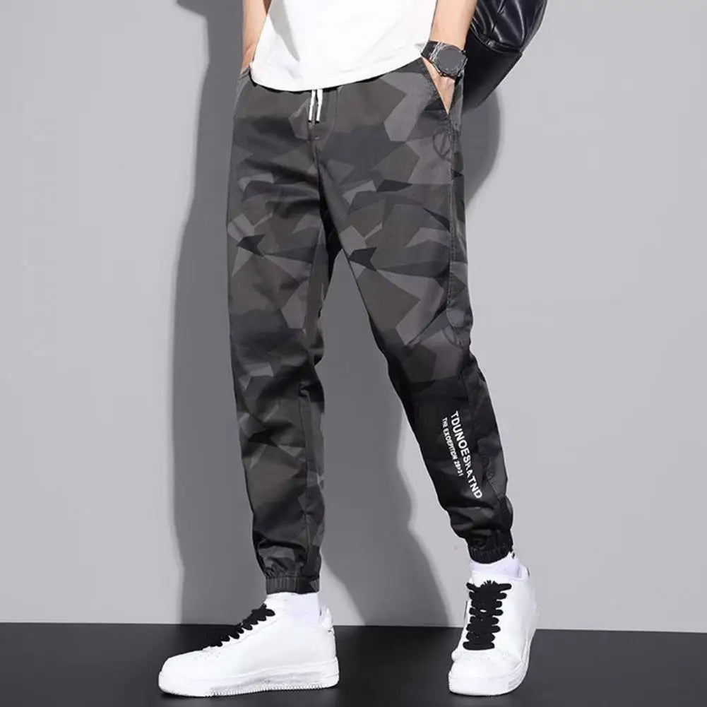 Camouflage Men Sport Pants Ice Silk Drawstring Elastic Waist Jogger Pants Pockets Plus Size Loose Daily Wear Sweatpants Trousers