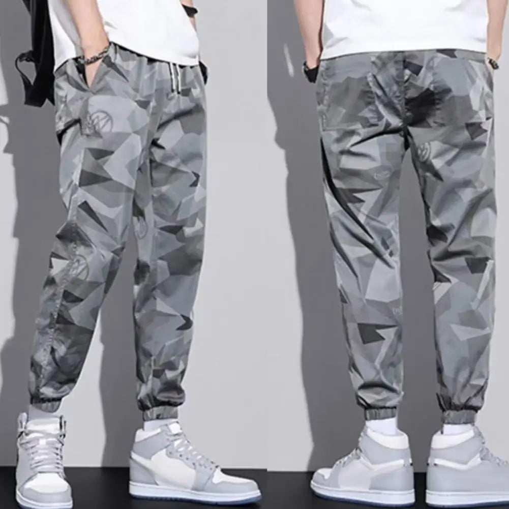 Camouflage Men Sport Pants Ice Silk Drawstring Elastic Waist Jogger Pants Pockets Plus Size Loose Daily Wear Sweatpants Trousers