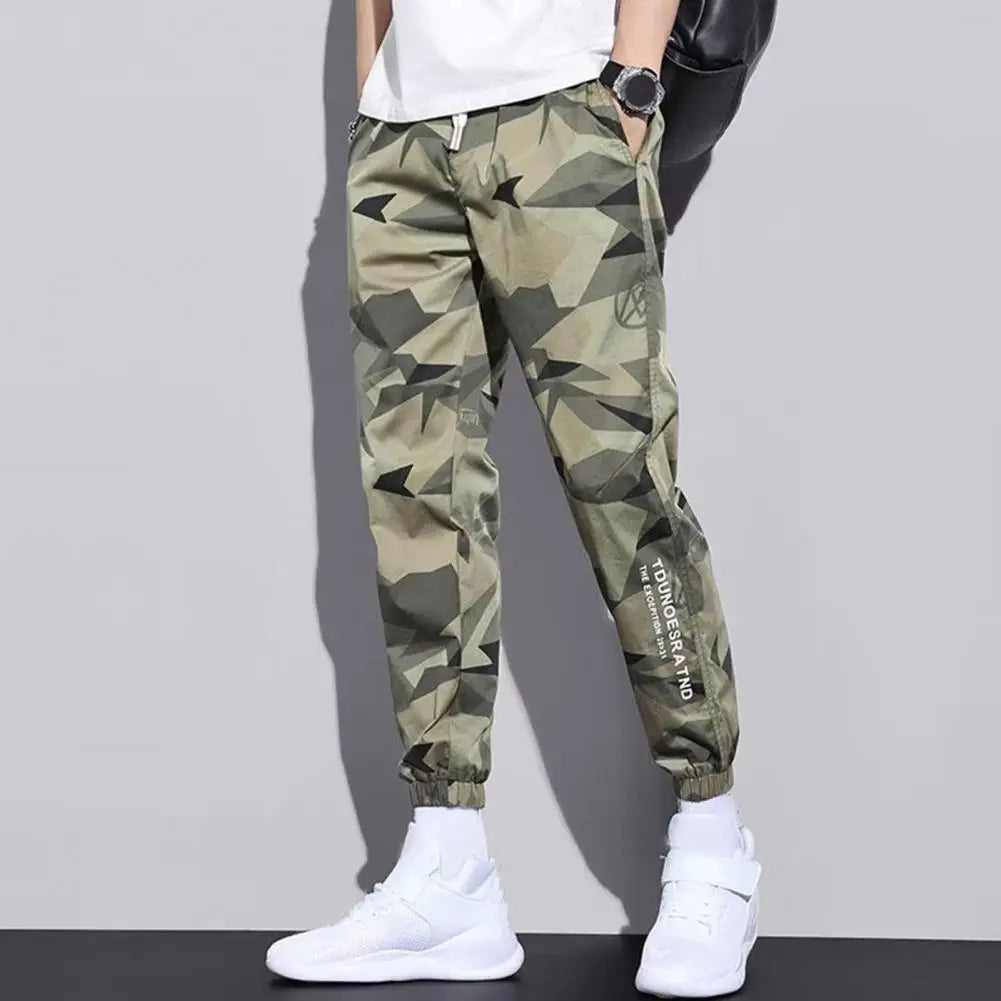 Camouflage Men Sport Pants Ice Silk Drawstring Elastic Waist Jogger Pants Pockets Plus Size Loose Daily Wear Sweatpants Trousers